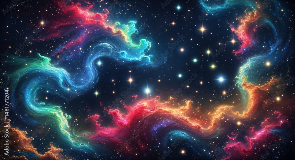 Fototapeta premium Vibrant Colorful Galaxy Space Scene with Bright Stars and Nebula Clouds, Cosmic Abstract Background