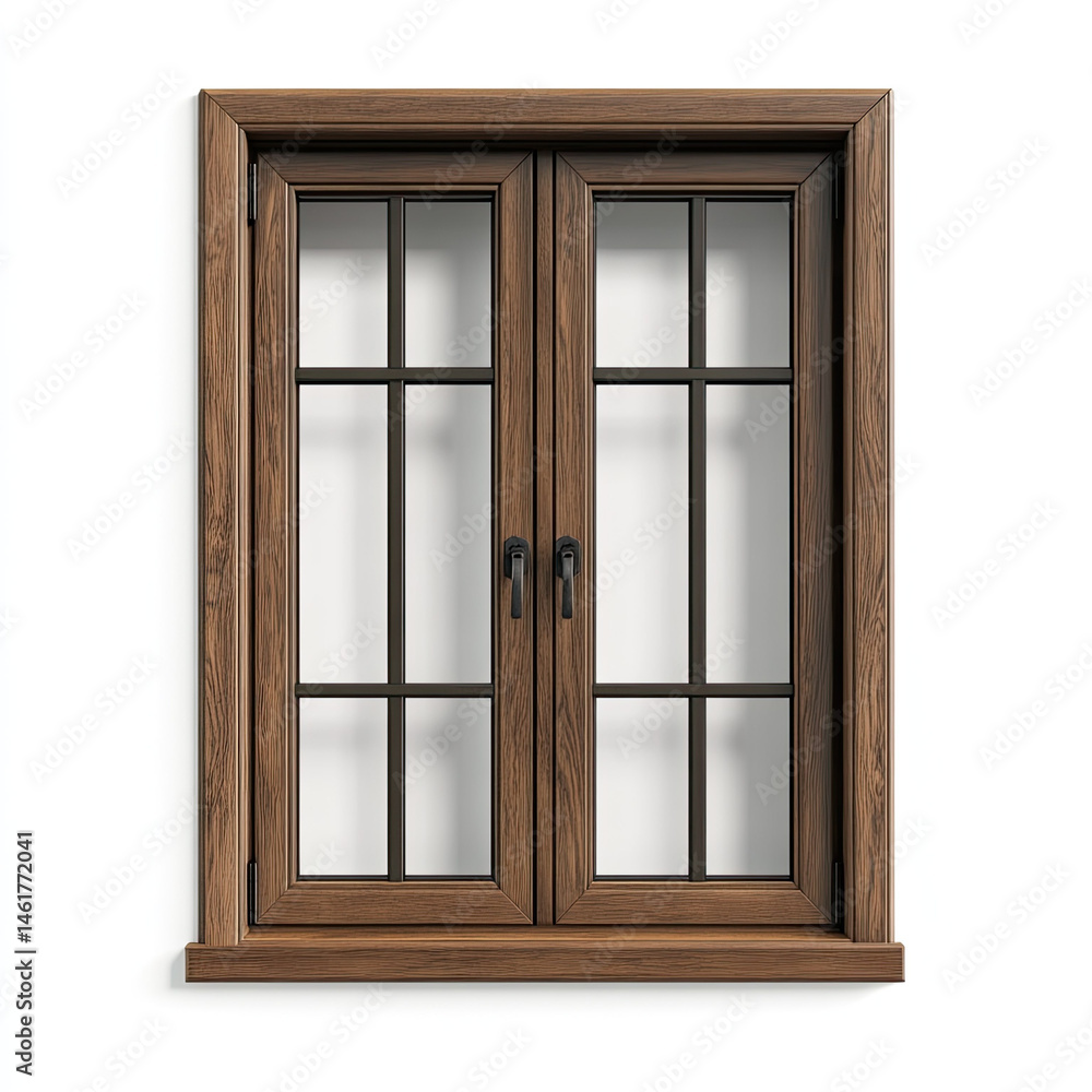Realistic double brown window with glass panes Realistic double brown window with glass panes