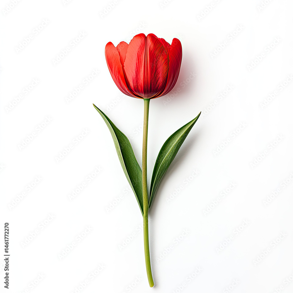 vibrant red flower with green leaves on white background vibrant red flower with green leaves on white background