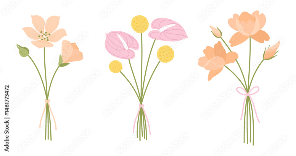 Obraz premium Wildflower bouquets set. Gentle floral bouquets, vector illustration. Flowers tied with ribbons. Meadow herbs and wild plants for design projects