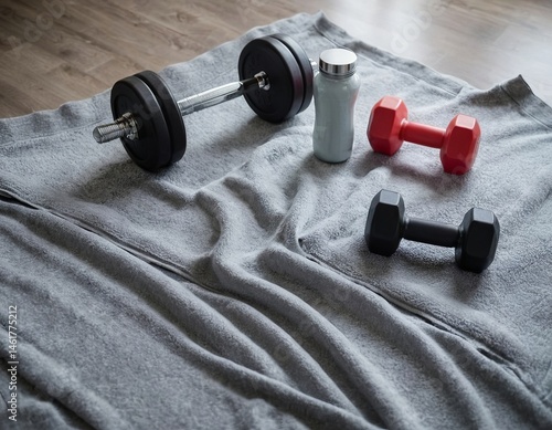 Fitness setup with weights and a water bottle on a soft towel, perfect for a workout session.