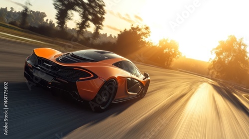 Orange supercar speeding on a race track at sunset.
