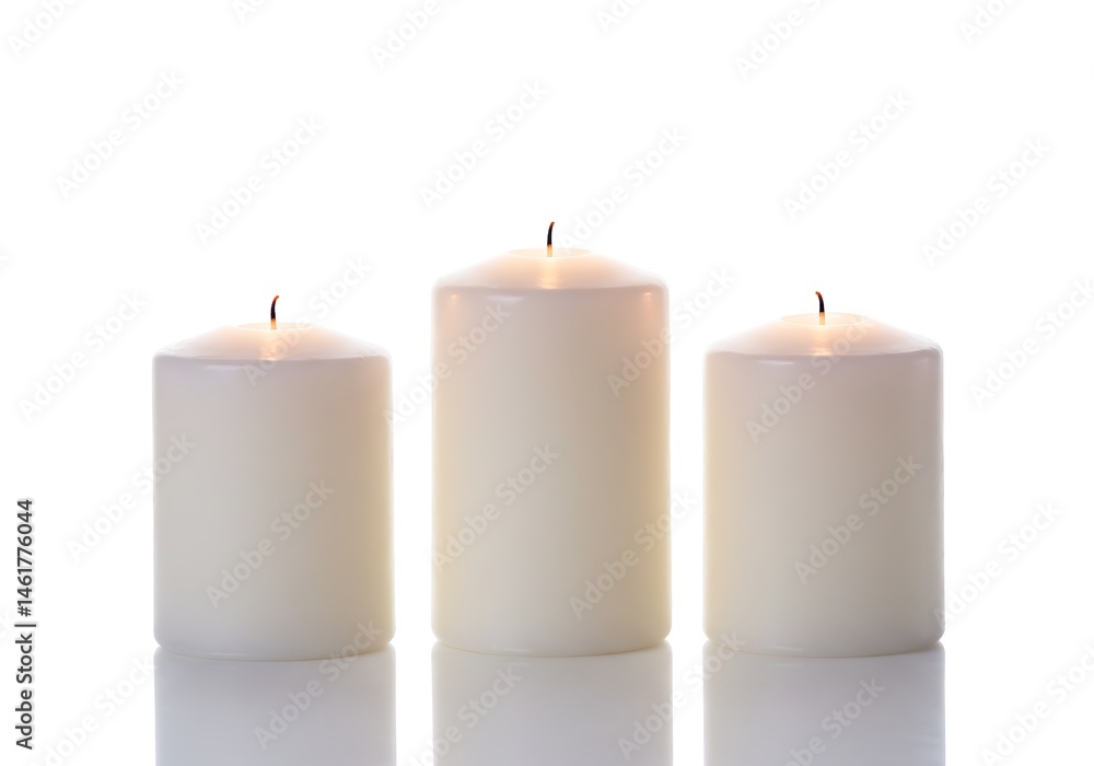 Three white pillar candles burning softly on a reflective surface against a bright white background Three white pillar candles burning softly on a reflective surface against a bright white background