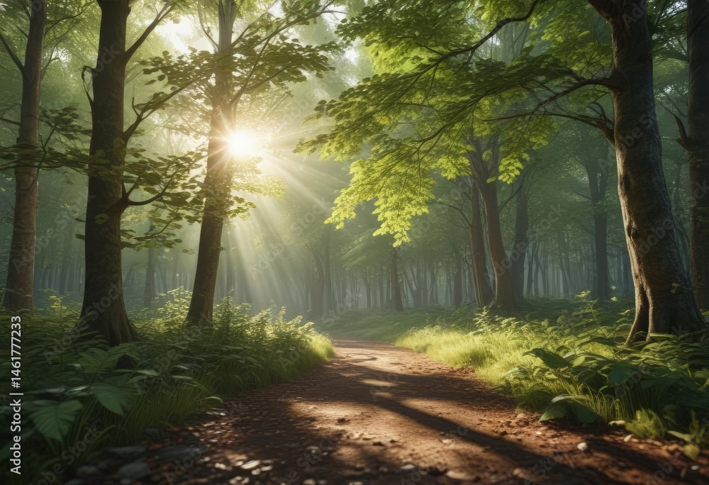 Fototapeta premium Tranquil forest with sunlight dappling through leaves, forest, botanical