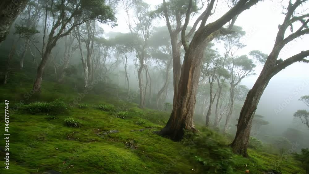 Lush Green Forest with Dense Trees and Heavy Fog in Nature Background Lush Green Forest with Dense Trees and Heavy Fog in Nature Background