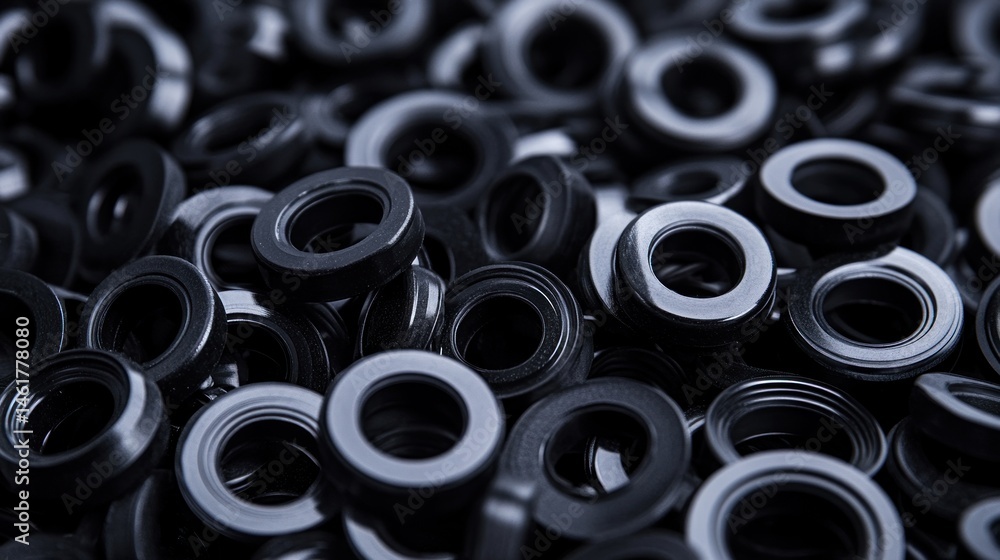 Close-up of numerous black circular components, possibly seals or gaskets, piled in a heap. Close-up of numerous black circular components, possibly seals or gaskets, piled in a heap.