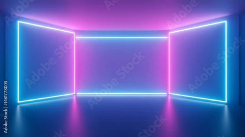A vibrant blue room is illuminated with glowing neon rectangle and pink light bars, giving it an otherworldly appearance.