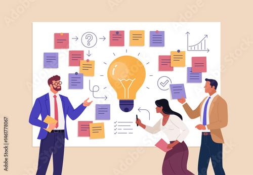 Business Workshop Concept. Vector cartoon illustration of a close-up group of diverse people standing near a board with sticky notes and discussing an idea. Isolated on background.