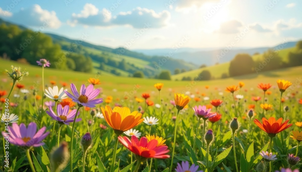 Vibrant wildflowers bloom in a sun-drenched field, rolling hills backdrop , golden, light Vibrant wildflowers bloom in a sun-drenched field, rolling hills backdrop , golden, light