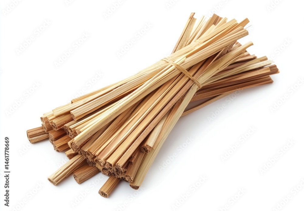 A bundle of light brown, thin wooden sticks, tightly clustered together and tied with a light-colored string. The sticks are various lengths, and appear to be cut or broken at an angle A bundle of light brown, thin wooden sticks, tightly clustered together and tied with a light-colored string. The sticks are various lengths, and appear to be cut or broken at an angle