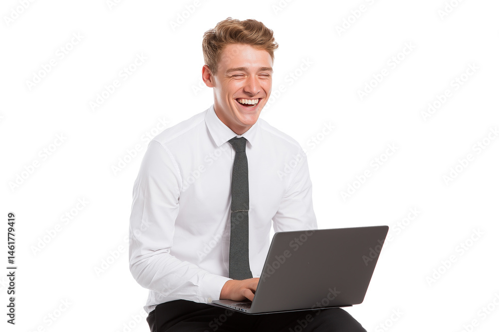young man engrossed in his work using laptop isolated on white background young man engrossed in his work using laptop isolated on white background