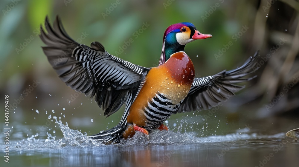 Obraz premium Vibrant duck in flight, splashing water