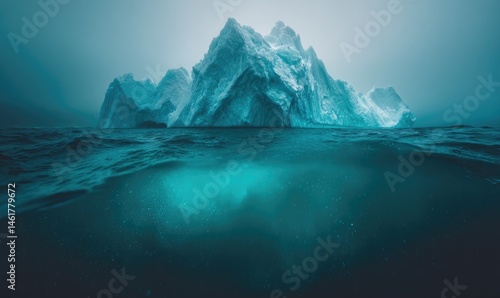 Wallpaper Mural Massive iceberg floats on dark water, split view.  Ice mountain rising above dark water, underwater view visible beneath Torontodigital.ca