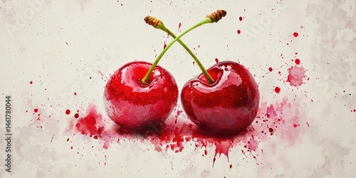 Two cherries with watercolor splashes around them, on transparent canvas