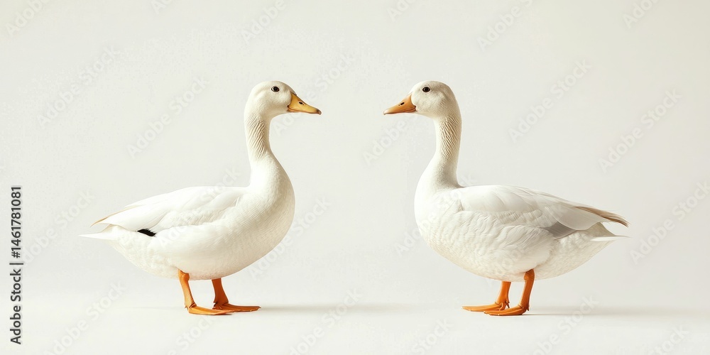 Fototapeta premium Two ducks turning heads in opposite directions, natural real posture, on white.