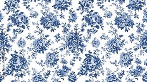 Classic indigo floral bouquet pattern on pure white backdrop seamless design
