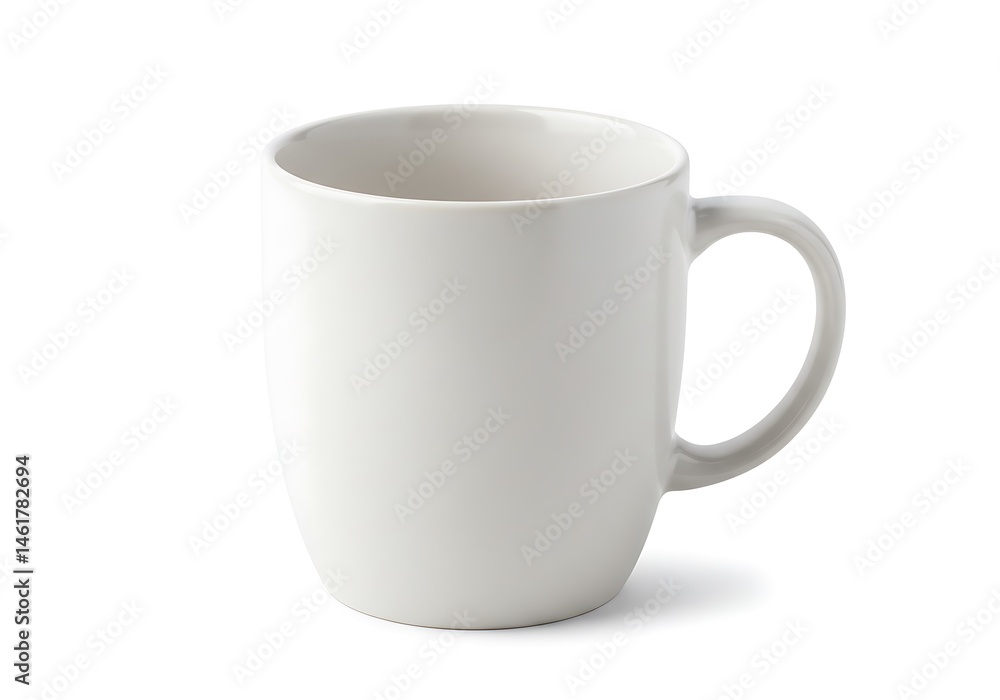 A simple white mug with a handle sitting on a white background in a studio setting, isolated view A simple white mug with a handle sitting on a white background in a studio setting, isolated view