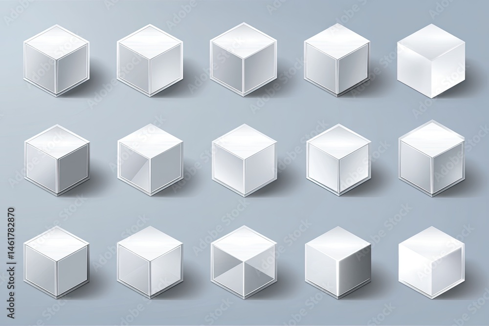 Set of various isometric white cubes with subtle shading and shadows Set of various isometric white cubes with subtle shading and shadows