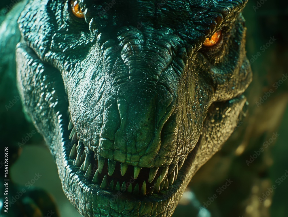 Obraz premium Tyrannosaurus Rex close up portrait menacing dinosaur with sharp teeth and glowing eyes in jungle environment