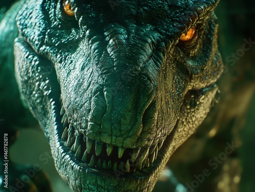 Fototapeta Naklejka Na Ścianę i Meble -  Tyrannosaurus Rex close up portrait menacing dinosaur with sharp teeth and glowing eyes in jungle environment