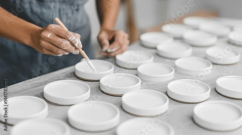 Female hand painting ceramic plates in workshop