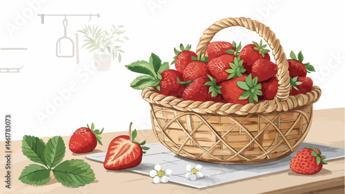 Strawberry illustration vector design, Strawberries in wicker basket with strawberry slice on table in kitchen