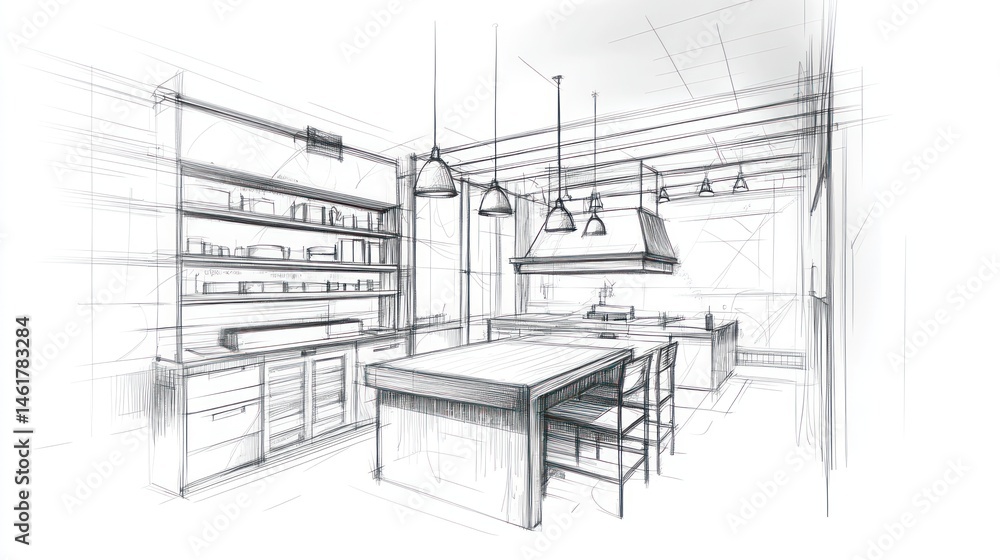 Obraz premium Architectural sketch of a modern kitchen design with island, shelving, and exposed beams.
