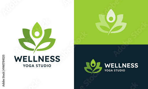 Wellness logo design. Yoga person design with leaf graphic vector
