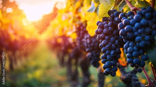 Workers cutting grape clusters in a vineyard during early morning.