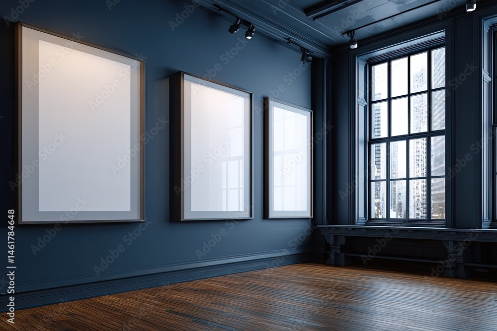 Three blank art frames, dark walls, hardwood floor, large window, city view. Modern gallery or exhibition space Three blank art frames, dark walls, hardwood floor, large window, city view. Modern gallery or exhibition space