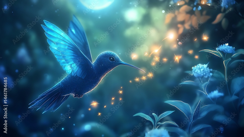 A glowing anime hummingbird hovering near a lantern-lit Japanese shrine A glowing anime hummingbird hovering near a lantern-lit Japanese shrine