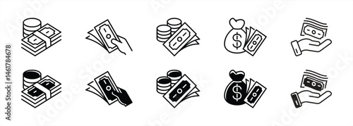 money icon set. containing minimalist line art illustration representing cash, payment, wealth transaction thin line and flat icon for your app and web. vector illustration