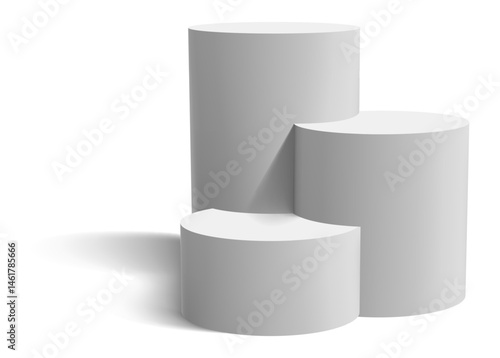 Three white cylinders of varying heights and widths forming a winners podium, casting shadows on a white background, ideal for representing success and achievement
