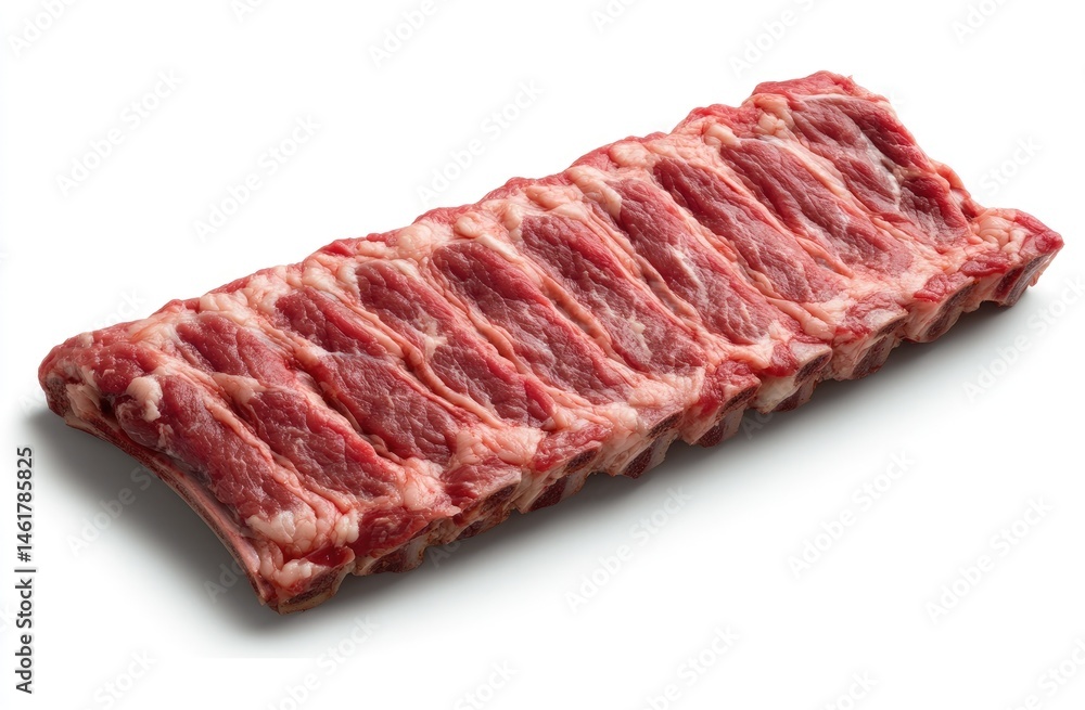 Raw ribs, whole, ready for cooking. Fresh, uncooked meat, ideal for grilling or roasting. A rack of ribs, lying flat, with visible bone structure Raw ribs, whole, ready for cooking. Fresh, uncooked meat, ideal for grilling or roasting. A rack of ribs, lying flat, with visible bone structure