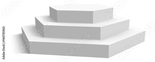 Three white hexagonal podiums stacked on top of each other, creating a pyramid shape and casting a subtle shadow on a white background, ideal for showcasing products or concepts