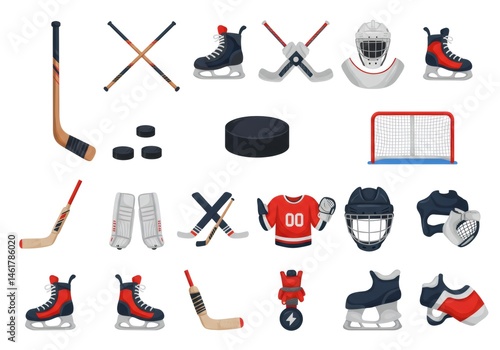 Ice Hockey Equipment & Gear Icons Set AI Generated