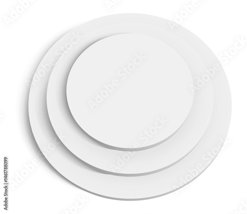 Three concentric white circles creating a three dimensional effect casting a subtle shadow on a clean white background, perfect for minimalist designs