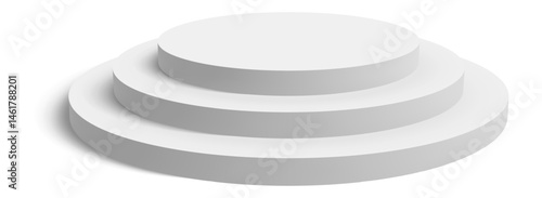 Round white podium with three platforms casting shadow is isolated on white background, perfect for showcasing products or displaying awards
