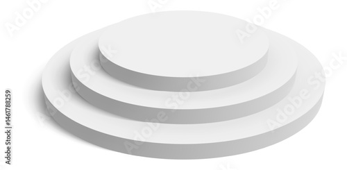 Three level round white podium creating an elegant pedestal, casting soft shadows on a bright white background, ideal for displaying products or celebrating achievements