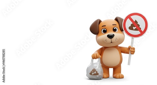 3d cute cartoon illustration, puppy holding plastic bag and no dog poop sign on the right side of the image, isolated on white background, copy space on the left