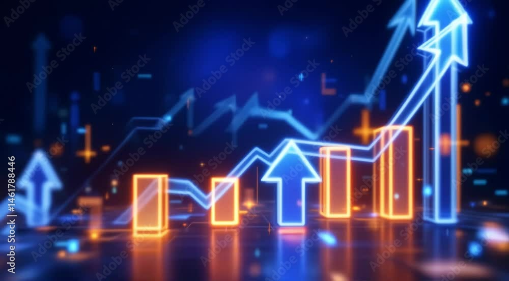 Futuristic Financial Growth Chart with Neon Accents Dynamic graphic of rising financial charts with glowing neon blue and orange arrows and bars. Futuristic Financial Growth Chart with Neon Accents Dynamic graphic of rising financial charts with glowing neon blue and orange arrows and bars.