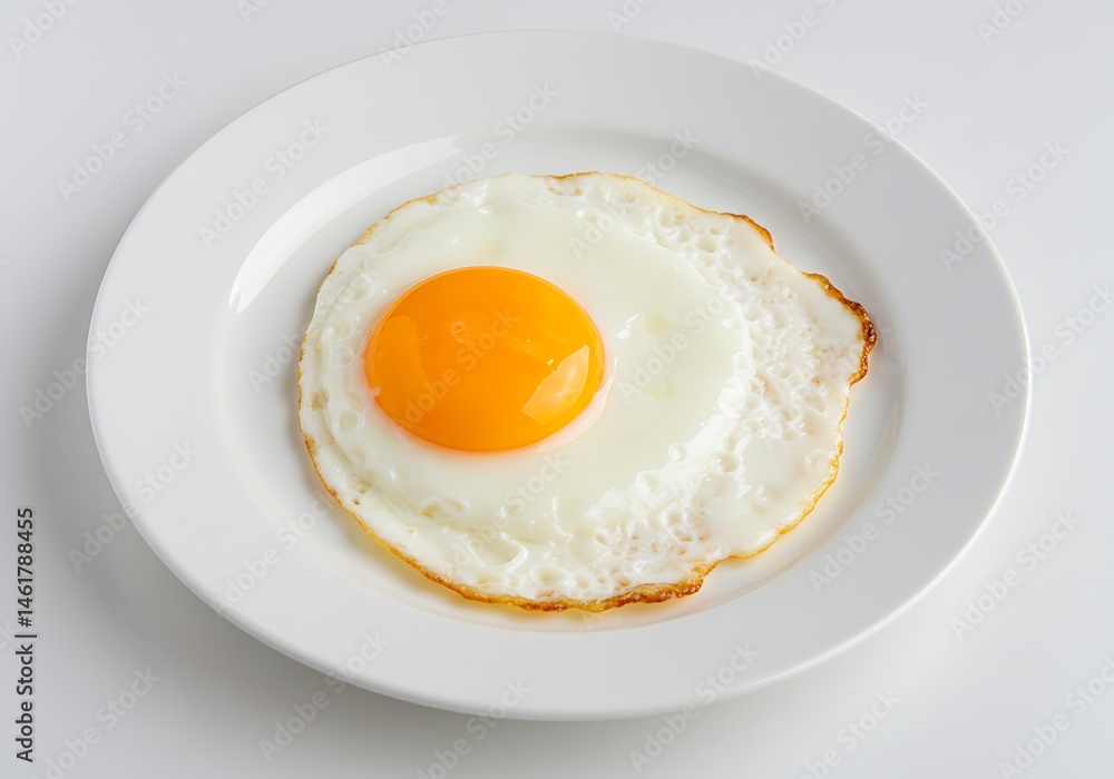 A single fried egg with a bright orange yolk on a white plate against a white background studio shot A single fried egg with a bright orange yolk on a white plate against a white background studio shot