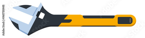 Modern adjustable wrench with ergonomic yellow and black handle lying horizontally isolated on white background, useful tool for plumbers and mechanics