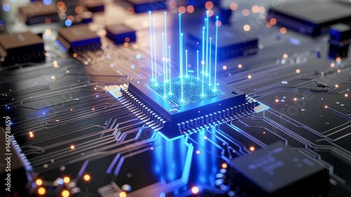 Close-up animation of futuristic microchip emitting blue lights