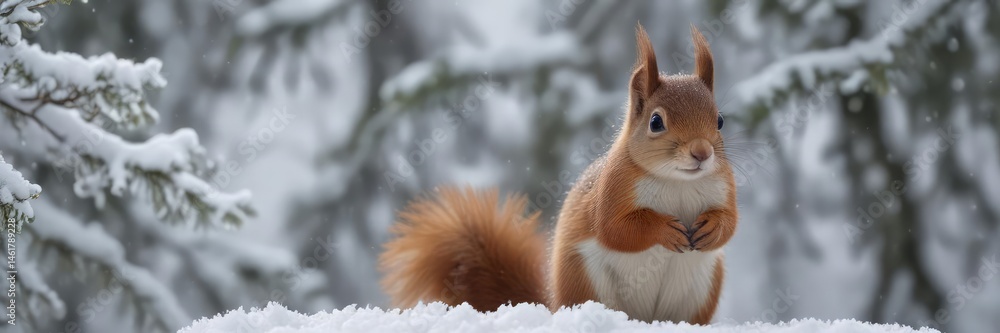 Tiny red squirrel covered in snow, sits amidst snowy boughs, forest, picture, image Tiny red squirrel covered in snow, sits amidst snowy boughs, forest, picture, image