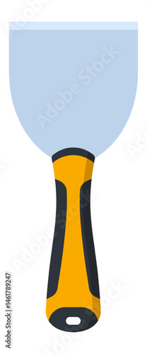 Putty knife with ergonomic yellow and black handle, ideal for applying and smoothing putty or filler in construction and renovation work, isolated on white background