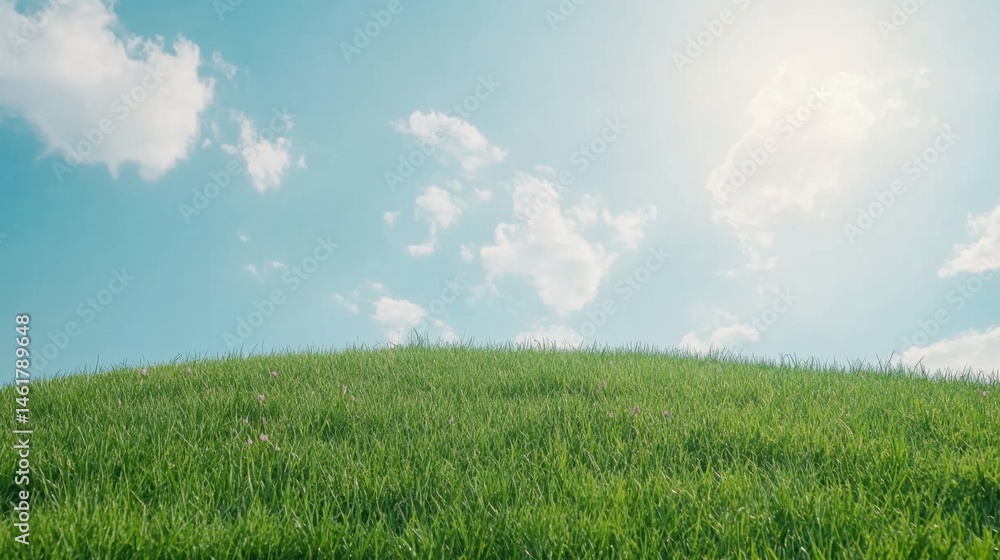 Obraz premium Lush green grass under clear blue sky with white clouds on a sunny day