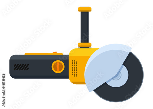 Angle grinder with abrasive disc cutting something, power tool using for metalworking, woodworking and construction, vector illustration isolated on white background