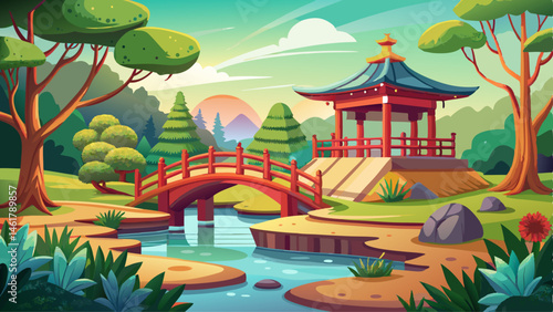 Amazing view of the Japanese garden in Wroclaw with a pond, wooden bridge with a gazebo, a topiary pine tree