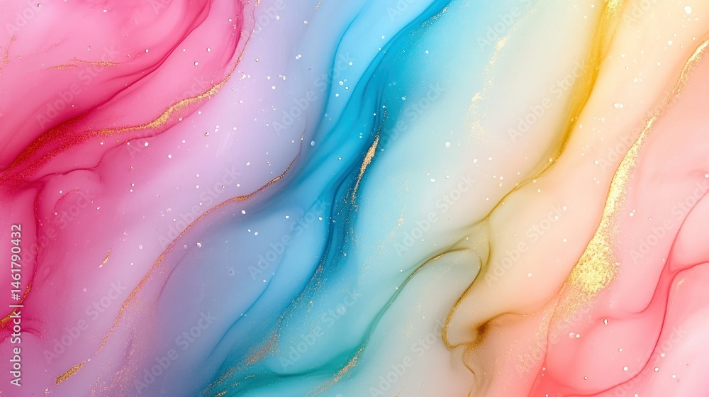 Obraz premium Abstract, vibrant, fluid art with pastel hues and gold accents